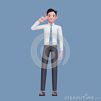 businessman posing peace finger, 3d businessman wearing long shirt and blue tie Cartoon Illustration