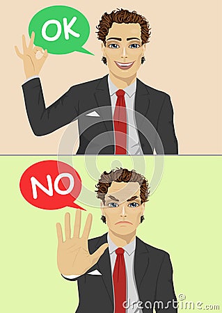 Businessman posing with speech bubble says ok and no Vector Illustration