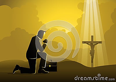 Businessman praying facing towards a cross vector illustration Vector Illustration