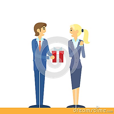 Businessman present gift box business woman flat Vector Illustration