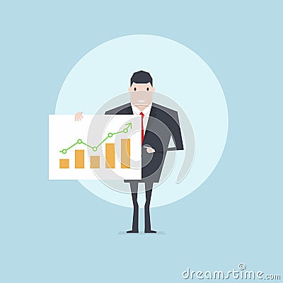 The businessman present growing business graph go to success. Vector Illustration