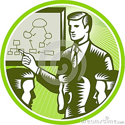 Businessman Presenting Boardroom Woodcut Vector Illustration