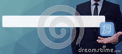 Businessman Presenting The Document Search Bar In Abstract Design. Man In Suit With One Hand Displaying The Search Stock Photo