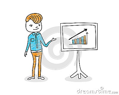 Businessman presenting marketing data on a presentation screen board explaining charts, infographic. hand drawn vector Vector Illustration