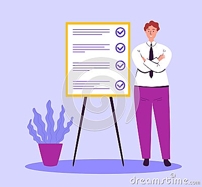 A businessman presents a new strategy of business development model to achieve exceptional results and goals. Flat Vector Illustration