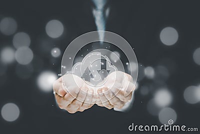 Businessman press cloud icon network and line control in graph Screen Icon of a media screen, Cloud computing and technology conce Stock Photo