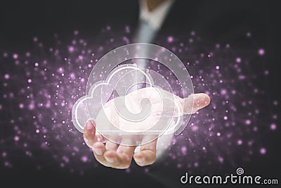 Businessman press cloud icon network and line control in graph Screen Icon of a media screen, Cloud computing and technology conce Stock Photo