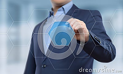 Businessman pressing button. Innovation technology internet business concept. Space for text Stock Photo