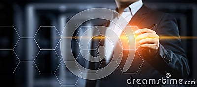 Businessman pressing button. Innovation technology internet business concept. Space for text Stock Photo