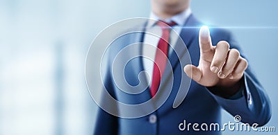 Businessman pressing button. Innovation technology internet business concept. Space for text Stock Photo