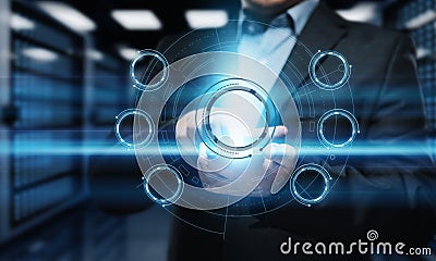 Businessman pressing button. Man pointing on futuristic interface. Innovation technology internet and business concept. Stock Photo
