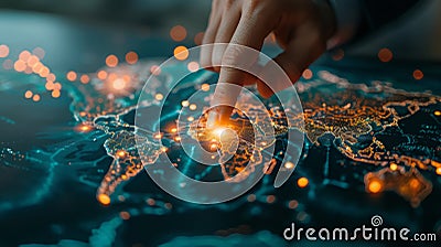 Businessman pressing a button, triggering a wave of positive change across a digital world map, ethical practices theme Stock Photo