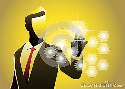 A businessman pressing button on virtual screen Vector Illustration