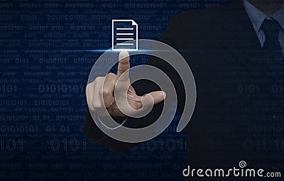 Businessman pressing document icon over computer binary code blu Stock Photo