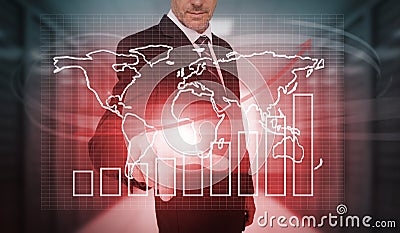 Businessman pressing futuristic chart and world map interface Stock Photo