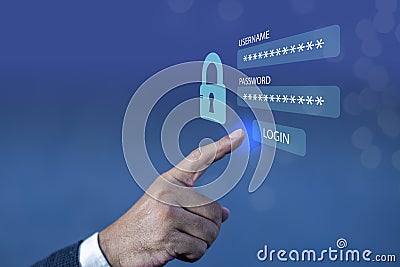 Businessman pressing login button on virtual screen for internet technology network connection on smartphone application. Data Stock Photo