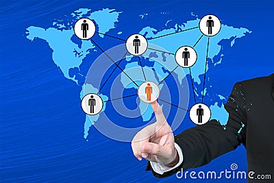 Businessman pressing modern social buttons on a virtual background Stock Photo