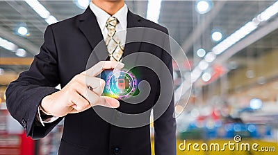 Businessman pressing security button internet and networking concept Stock Photo