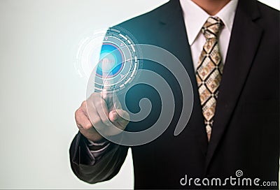 Businessman pressing security button internet and networking concept Stock Photo