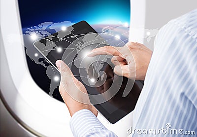 Businessman pressing social network and modern communication technology Stock Photo