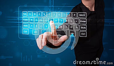 Businessman pressing virtual type of keyboard Stock Photo