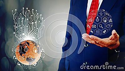 Businessman programing and control on hand and digital tree grow Stock Photo