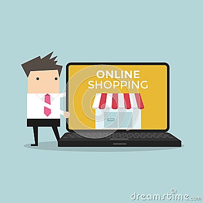 Businessman promote online shop in computer Vector Illustration