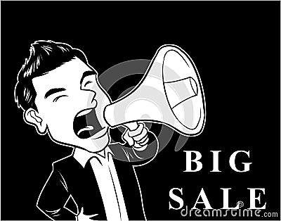 Businessman Promoting Big Sale Black And White Illustration Design Vector Illustration