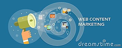 Web content marketing, blogging, social media, digital marketing concept. Flat design vector banner. Vector Illustration