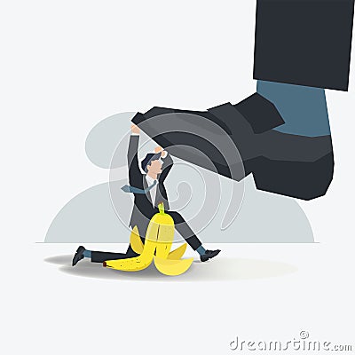 Businessman protect feet from banana peels. Loyalty, faithfulness concept vector illustration Vector Illustration