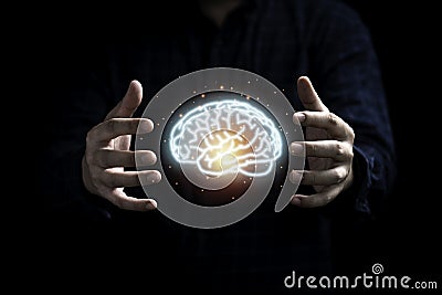 Businessman protecting virtual brain which glowing for sign of prevent copyright of patent and creative thinking idea concept Stock Photo