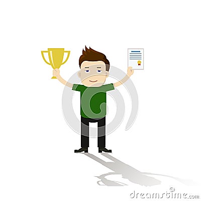 Businessman proudly standing and holding up trophy Vector Illustration