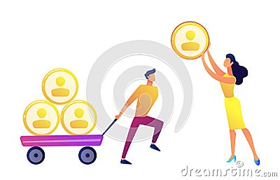 Businessman pulling cart with people profiles pyramid and woman giving one vector illustration. Vector Illustration