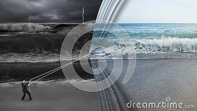 businessman pulling open calm sea curtain covered dark stormy ocean Stock Photo