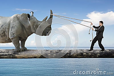 Businessman pulling rope against rhinoceros balancing on tree tr Stock Photo