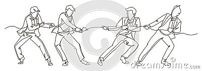 Businessman Pulling the Rope Continuous Line Art. Business Teamwork Linear Concept. Silhouette People Competition Vector Illustration