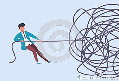 Businessman pulls rope. Complex problem solving concept. Find start at challenge analysis. Complicated situation Vector Illustration