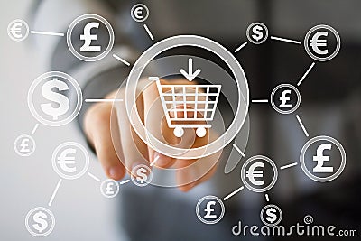 Businessman push button shopping cart with dollar web currency Stock Photo