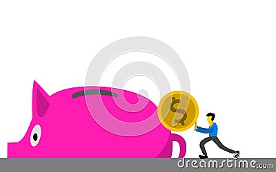 Businessman push gold coin into piggy bank Editorial Stock Photo