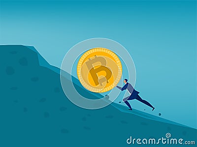 Businessman pushes coin btc.exchange Bitcoin price rising. Business concept vector Vector Illustration