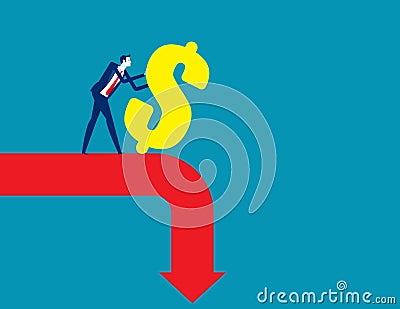 Businessman pushes the dollar down. Business financial Vector Illustration