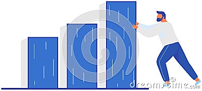 Businessman pushes graph. Man matching columns of bar chart, working with statistics, data analysis Vector Illustration