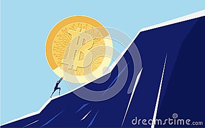 Businessman pushing a big Bitcoin up the hill. Business problem crisis hardship and burden concept. Vector Illustration