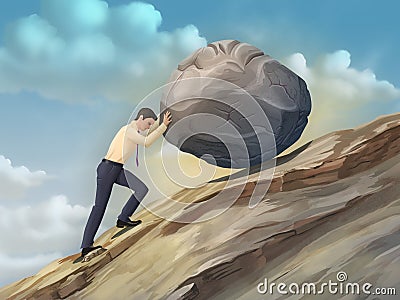 Businessman pushing a boulder Cartoon Illustration