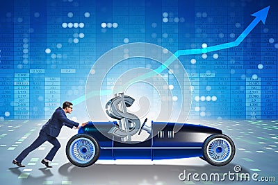 The businessman pushing car with dollar in driving seat Stock Photo