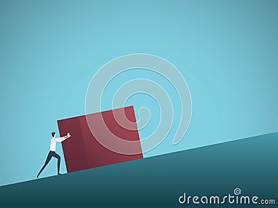 Businessman pushing cube uphill as symbol of hard work and challenge. Vector Illustration