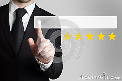 Businessman pushing flat button five rating stars Stock Photo