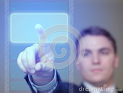 Businessman Pushing Glowing, Blue Button on Translucent Screen. Stock Photo