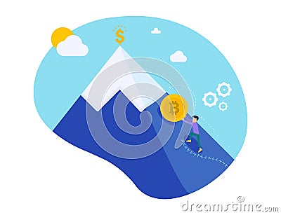Businessman pushing golden bitcoin climbing the hill with sky background. Growth of the crypto currency. Mining Vector Illustration