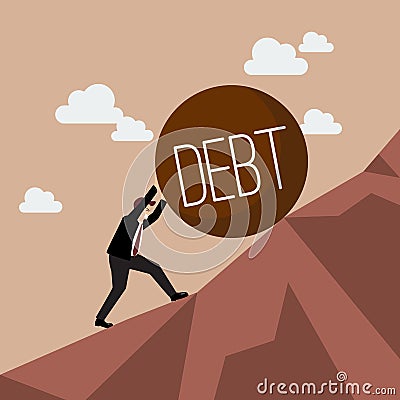 Businessman pushing heavy debt uphill Vector Illustration